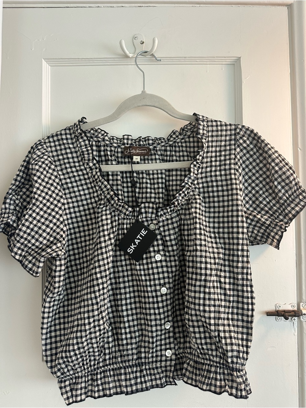Skatie Black and White Gingham Ruffle-Trim Button-Front Top